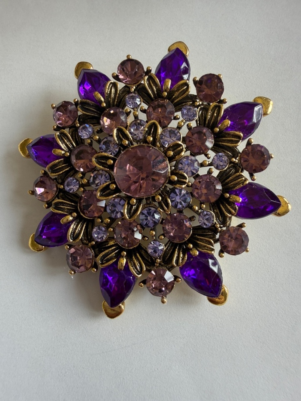 Gold-Tone Purple Crystal Sunflower Flower Statement Brooch with Rhinestones